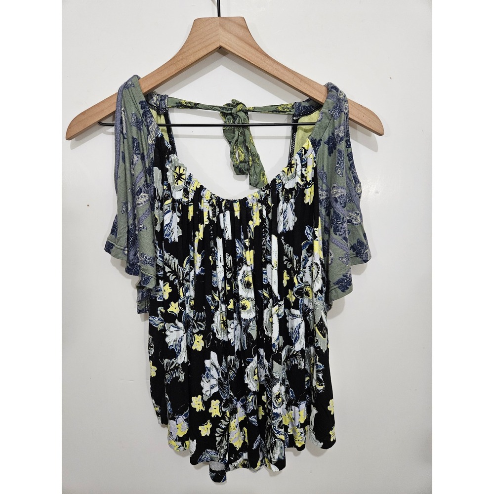 Free People Baja Babe Top S NWT Black Floral Cold Shoulder Open Back Boho